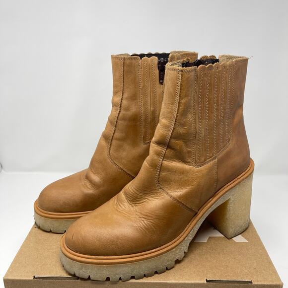 Free People Tan James Leather Heeled Lug Boots (Sz 38.5) - Picture 1 of 10